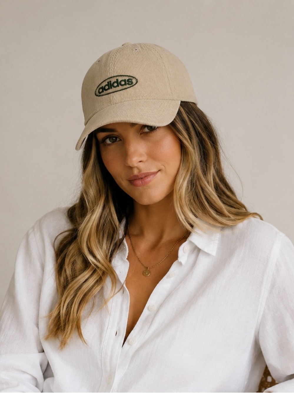 Adidas Corduroy Baseball Cap Beige Tan Green Logo Hat | 100% Cotton | Adjustable